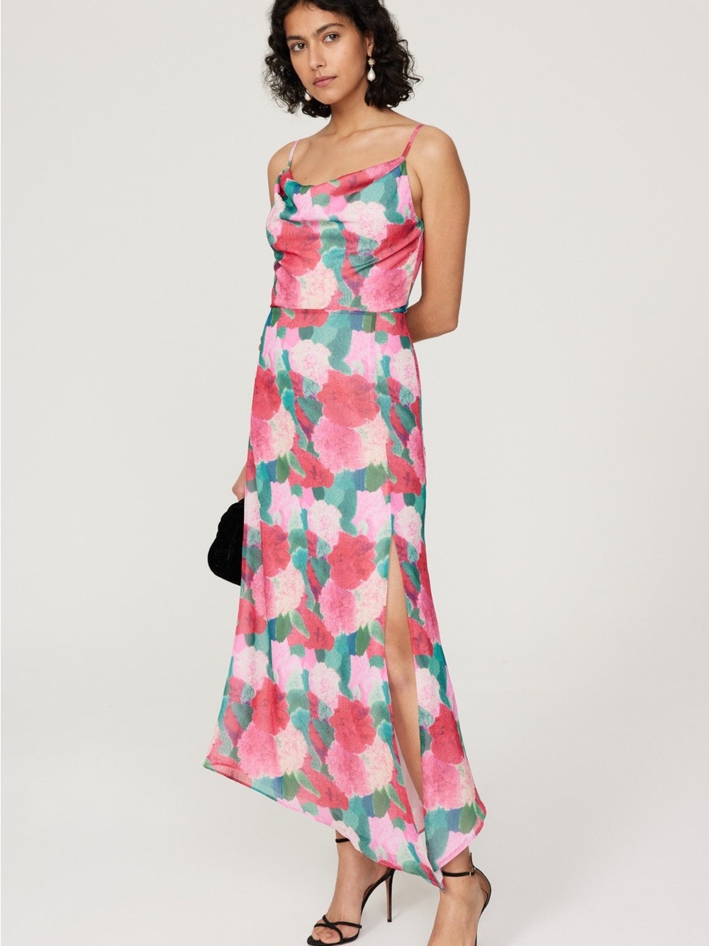 Floral Cowl-Neck Maxi Dress in Pink & Green